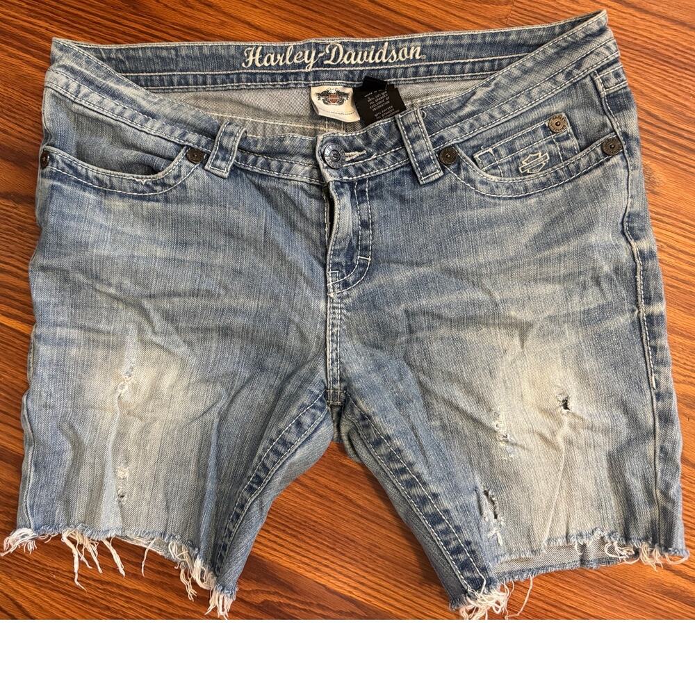 Harley-Davidson Women’s 14P Distressed Denim Cutoff Shorts Y2K Biker Raw Hem
